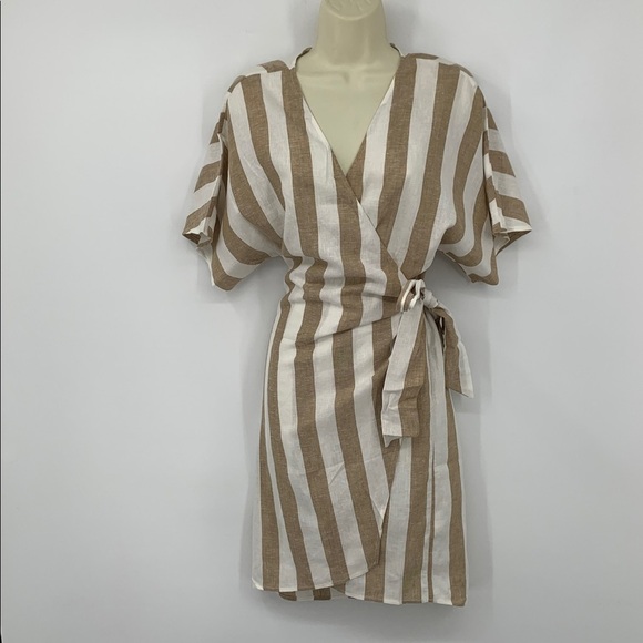 Faherty Willow wrap dress stripe tan cream linen Dolman sleeve new XS - Picture 2 of 5